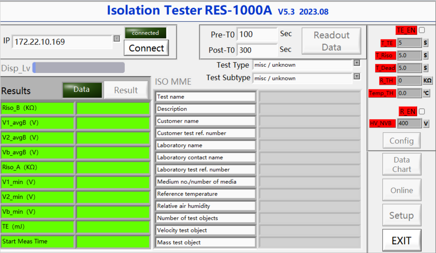 RES-1000A 절연 시험기 소프트웨어(Software) 화면 - 파라미터 설정 및 데이터 다운로드
